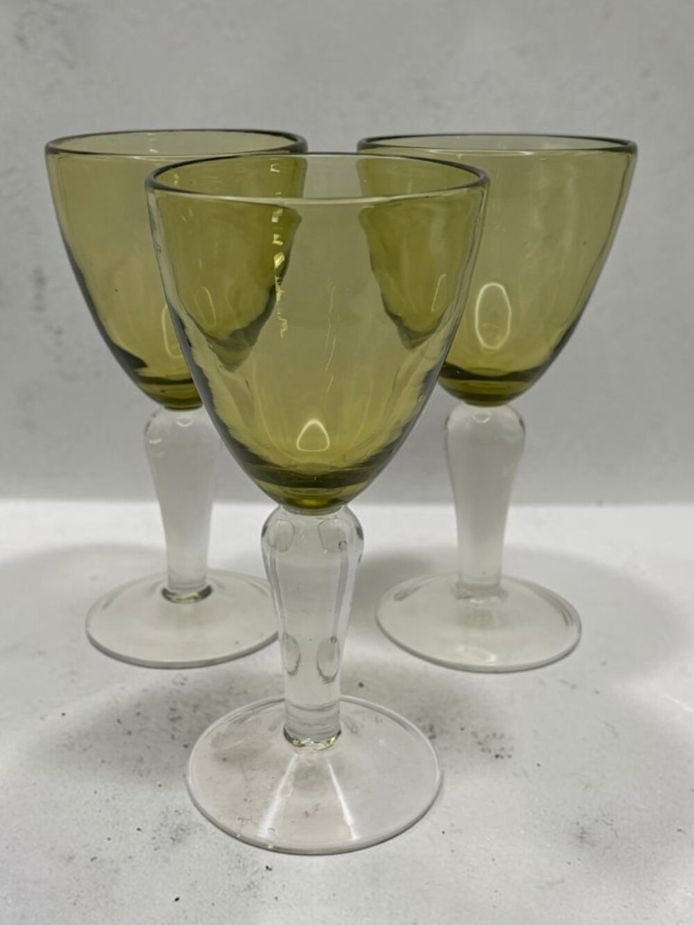 Set of 3 Vintage Olive Green Wine Goblets Clear Teardrop Stems 7.75"